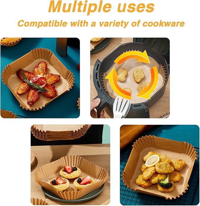 Ailun Air Fryer Paper Liners 6.5inch, 100PCS Non-Stick Parchment Paper,Oil Resistant,Disposable Food Grade Free of Bleach Paper Square for 2-5 QT Air Fryer Baking Roasting Microwave