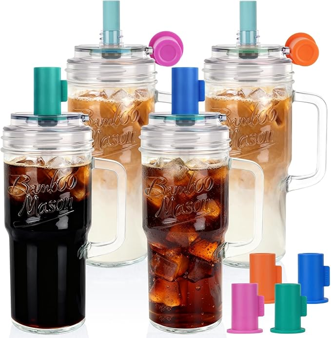 Anotion Mason Jar Cups with Lids and Straw, Leakproof 24oz Glass Tumbler with Handle, Leak-Proof Dustproof Cap, Self-Assembly Silicone Straw, Reusable Iced Coffee Matcha Cup Coffee Gifts for Women 4pc