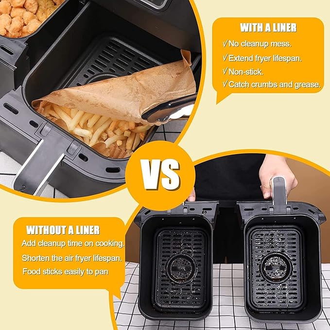 Air Fryer Liners Disposable 100 Pack for Ninja DZ201 DZ401, 8.6x5.5 Inch Non-Stick Parchment Paper Basket Sheets, for Easy Cleanup, Healthy Oil Free Cooking
