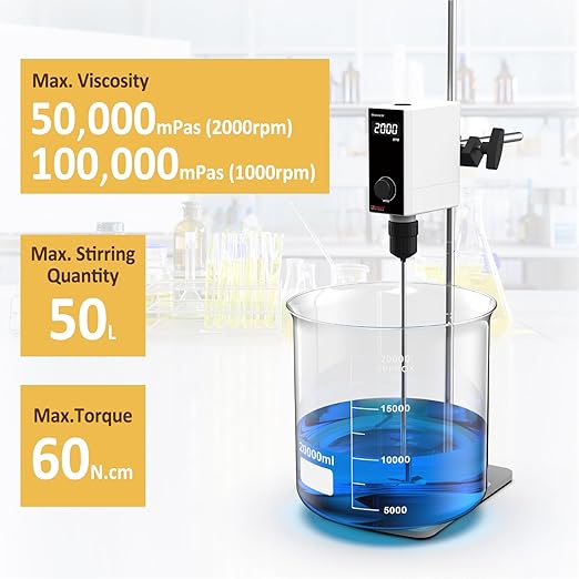 4E's USA Lab Overhead Stirrer - 50 Liter, 100000 mPas, 50~2000 RPM Variable Speed with Stand and Stirring Rod, LED Lab Stirrer Mixer with Safety Sensors and Go-Through Design for Easy Rod Adjustment