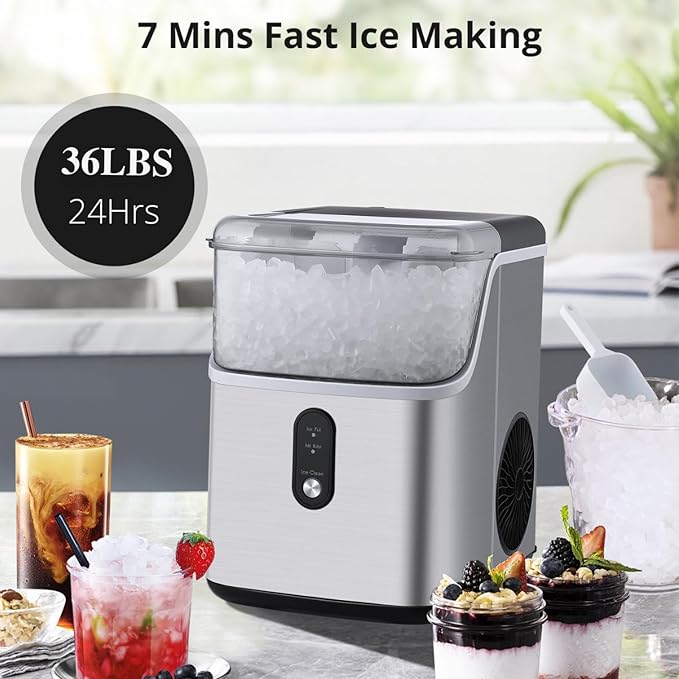 Nugget Ice Maker 36Lbs/24H Countertop Chewable Ice Machine, Self-Cleaning, Low Noise Stainless Steel Soft Ice Cubes Machine for for Home, Office, RV (Silver)