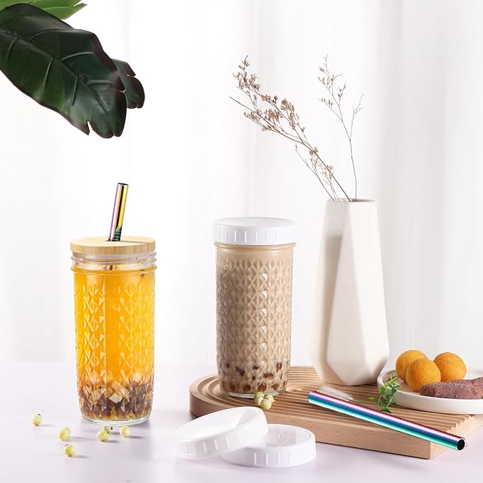2 Pcs Glass Cups Set - 24oz Mason Jar Drinking Glasses with Bamboo Lids & Straws & 2 Airtight Lids, Cute Reusable Smoothie cup, Iced Coffee Glasses, Travel Tumbler for Bubble Tea, Juice, Gift