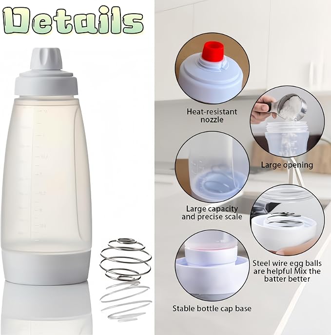 2Pack Leak proof 2-in-1 Pancake Battery Dispenser, Battery Mixer and Dispenser with Whisk Ball, with silicone spatula and spoon, easy to grip squeeze bottle for pancakes, waffles and baking