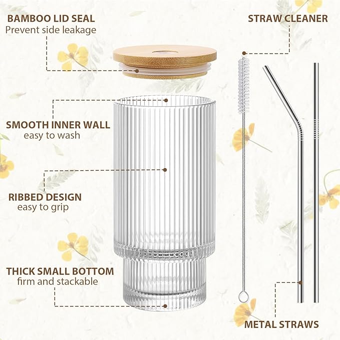 HIGIINC Iced Coffee Cups with Lids 4 Pcs - 16 OZ Glass Cups with Lids and Straws, Reusable Ice Coffee Tumbler, Clear Ribbed Drinking Glasses for Matcha, Smoothie, Ice Tea, Lemonade