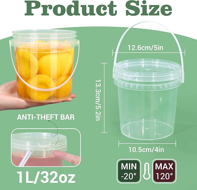 Airtight Clear Plastic Bucket with Lid, Ice Buckets for Parties, Reusable Ice Cream Tub with Handle, Food Storage Container, Food Grade Freezer and Microwave Safe for Sauce, Soup (32 OZ/1000 ML)