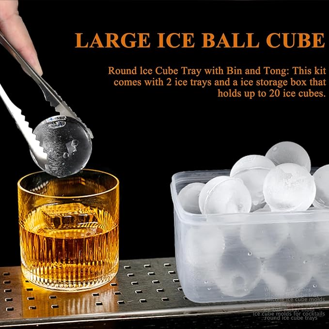 AIBIRUIWhiskey Ice Cubes Mold,2 x 8 PCS x 1.8 inch Whiskey Ice Cubes,Circle Ice Cube Tray with Lid and Bin,Sphere Ice Ball Maker Mold,Round Ice Cube Mold for Cocktails