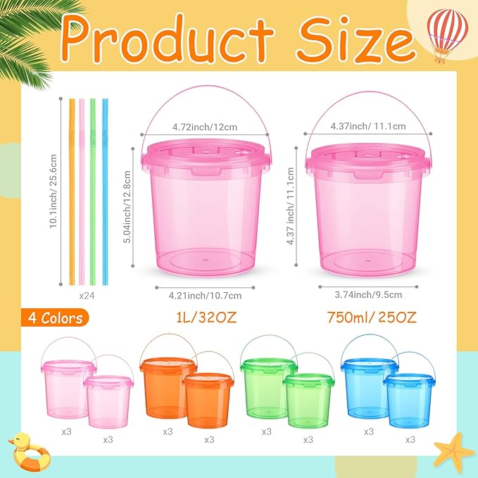 Funnymoom 24 Pack 34oz / 25oz Plastic Rum Buckets Bulks for Drinks with Straws Reusable Ice Cream Cocktail Cups Neon Party Bucket with Lids Handles Food Containers Cup for Summer Beach Bar Beer