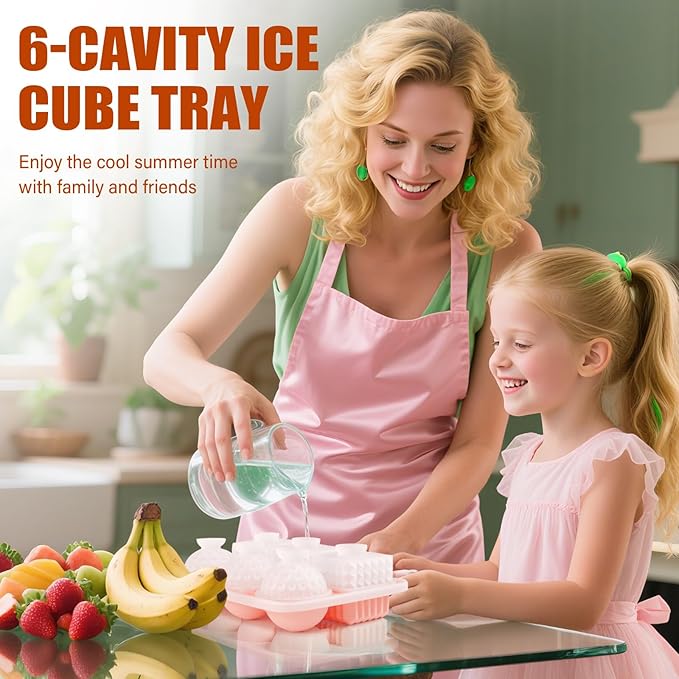 Acomler Ice Cube Molds Tray, 3 Big Crystal Square Cubes & 3 Round Sphere Golf Ice Ball Makers, Large Silicone Whiskey Ice Mold, Fun Shape Ice Trays with Funnel for Whiskey, Cocktails, Bourbon (Pink)