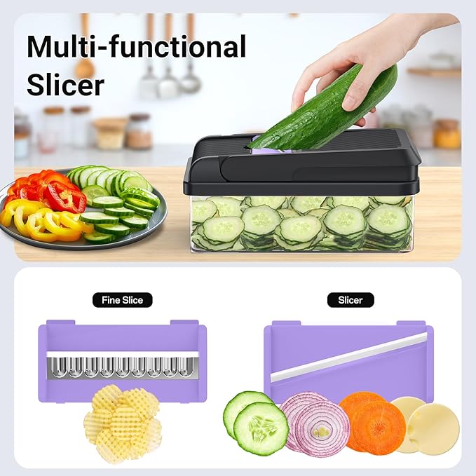 SpaceHacks 12-in-1 Vegetable Chopper, Kitchen Gadgets with 10 Blades, Veggie, Food, Onion Chopper, Cucumber Slicer, Versatile Mandoline, Includes Egg Separator & Finger Guard, Purple
