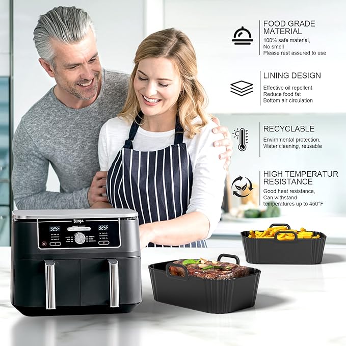 Silicone Air Fryer Liners 2 Pack, Reusable Liners Compatible for Ninja Foodi DZ201, DZ401, DZ550, COSORI, Chefman, Instant Air Fryer, and 6-in-1 8-10QT AirFryer Baskets