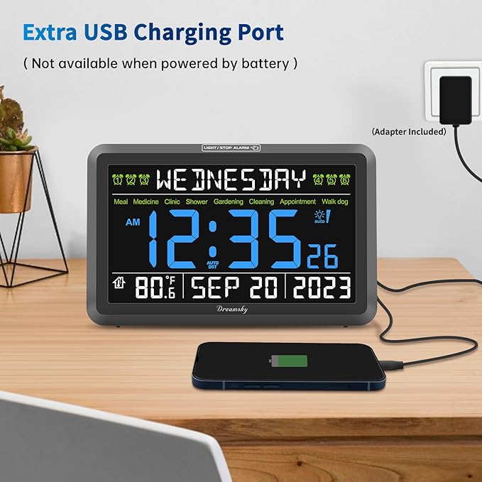 DreamSky Digital Clock with Date and Day of Week - Large Calendar Clock for Seniors Elderly, Loud Alarm Clock for Bedroom Desk, Backlight Dimmer, Adjustable Volume, USB Port, Auto DST, Battery Backup