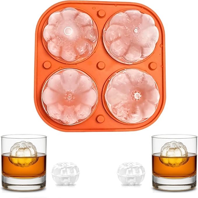 Orange 3D Pumpkin Ice Cube Tray for Freezer, Halloween Pumpkin Ice Cube Mold, Fall Pumpkin Silicone Ice Tray with Lid, Whiskey Cocktail Ice Molds for Autumn Thanksgiving Party, Bar Beverages Decor