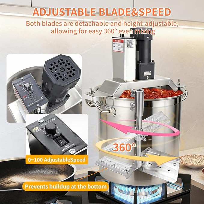 Automatic Pot Stirrer for Cooking - 40L/80L/140L, Stainless Steel, High Torque Motor, Three-Layer Bottom & 4-Blade Scraper for Soup Sauce Jam 140L