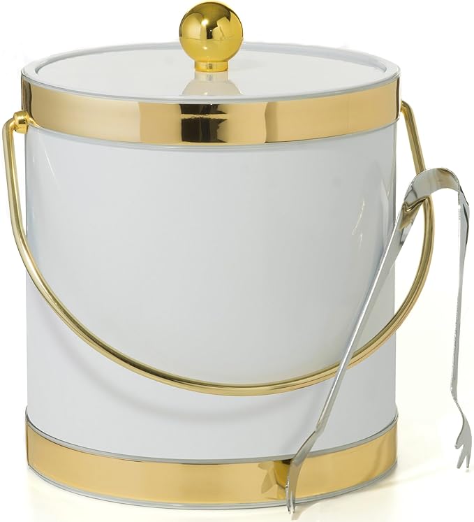 Made In USA Metallic Deco Collection Double Walled Insulated Ice Bucket With Ice Tongs (5-Quart, White & Gold)