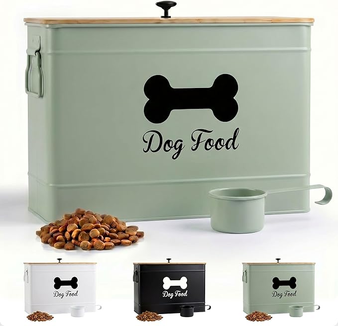 Dog Food Container Airtight 15 lb (50 Cup) Capacity with Metal Scoop - Cute Airtight Dog Food Storage Container with Bamboo Lid - Green Metal Kibble Storage Bin for Dogs up to 100 lbs - Big Pet Jar