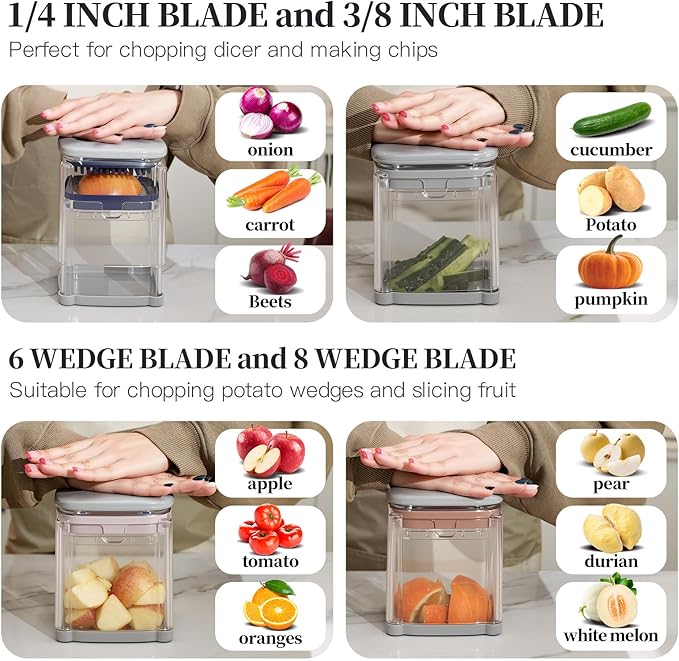4-In-1 French Fry Cutter for Potatoes, Apple Slicer, Chopper Vegetable Cutter - Dicer Chopper for Carrots, Cucumbers, Onion, Tomato (Gray 4-in-1 French Fry Cutter)