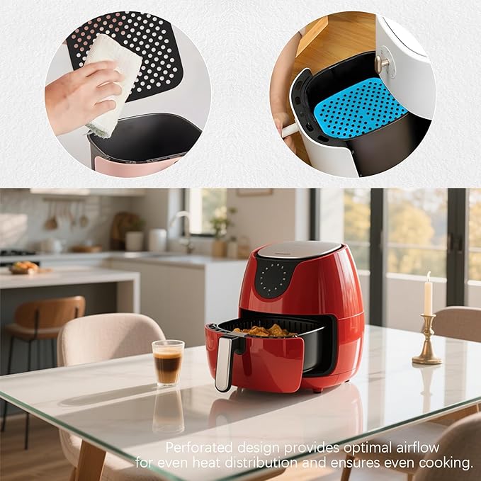 6 Pack Square Silicone Air Fryer Liners – 8.5 Inch / 21.6 cm Reusable Nonstick Mats – Heat-Resistant, Dishwasher Safe Air Fryer Accessories – Black, Red, Sky Blue