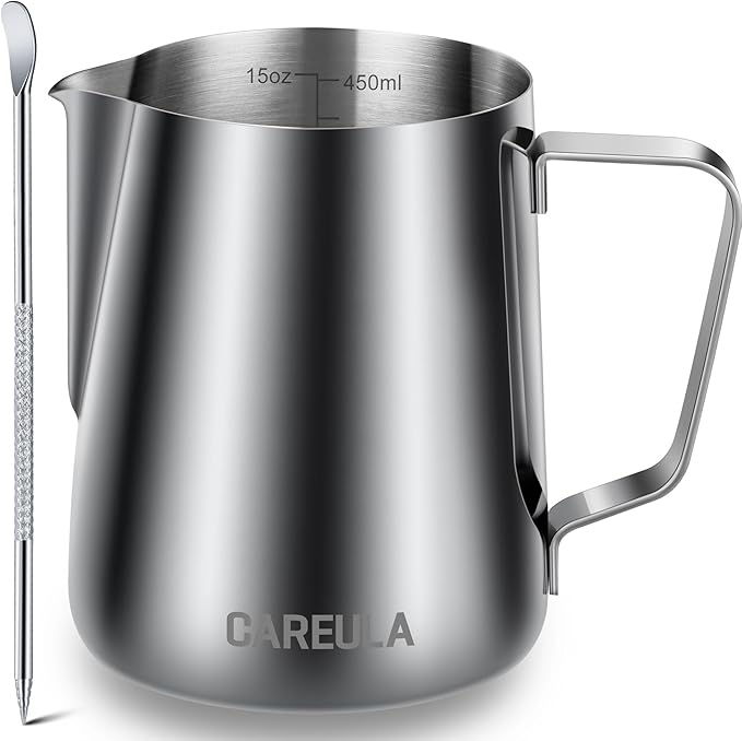 Milk Frothing Pitcher, 15oz Stainless Steel Milk Frother Cup Steaming Pitcher, Coffee Bar Cappuccino Espresso Machine Accessories Barista Tools, Metal Pitcher Milk Jug with Decorating Latte Art Pen