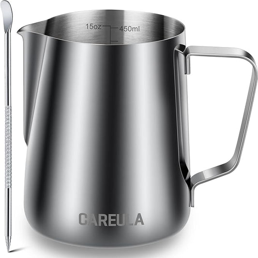 Milk Frothing Pitcher, 15oz Stainless Steel Milk Frother Cup Steaming Pitcher, Coffee Bar Cappuccino Espresso Machine Accessories Barista Tools, Metal Pitcher Milk Jug with Decorating Latte Art Pen