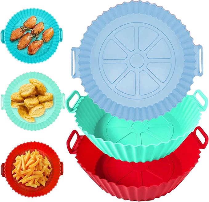 2 Pack Air Fryer Liners,8.5 Inch Silicone Airfryer Liners,Air Fryer Accessories,Reusable Baking Tray Oven Accessories,Replacement of Flammable Parchment Paper (Red Blue) (RED&BLUE&Green)