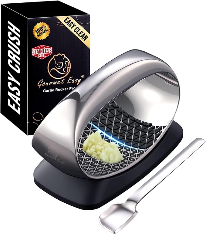 Garlic Press Rocker Stainless Steel with Eject Base + Scraper Spoon, Innovative 3D Cutting, Easy Crush & Clean Garlic Mincer, Premium Garlic Peeler Tool with Non-Slip Ergonomic Grip, 5 Year Warranty