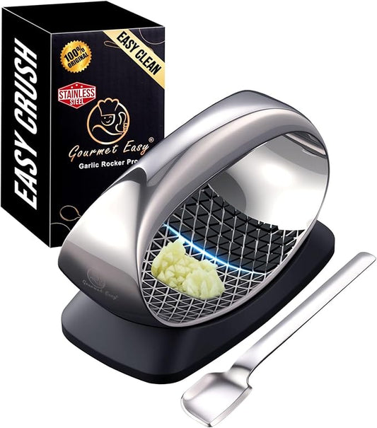 Garlic Press Rocker Stainless Steel with Eject Base + Scraper Spoon, Innovative 3D Cutting, Easy Crush & Clean Garlic Mincer, Premium Garlic Peeler Tool with Non-Slip Ergonomic Grip, 5 Year Warranty
