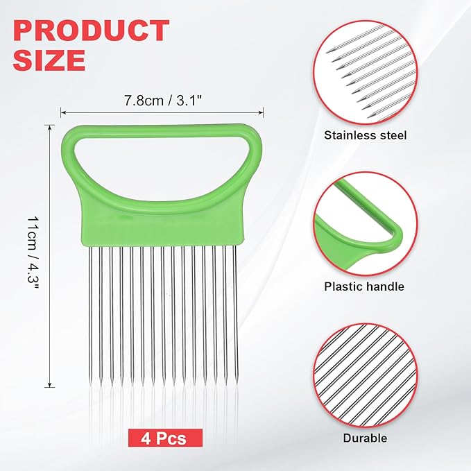 uxcell 4 Pcs Onion Slicer Holder, 4.3 x 3.1 Inch Stainless Steel Vegetable Cutting Holder Food Cutter Tool for Slicing Storing Onions Tomatoes Potatoes Avocados Apples, Green