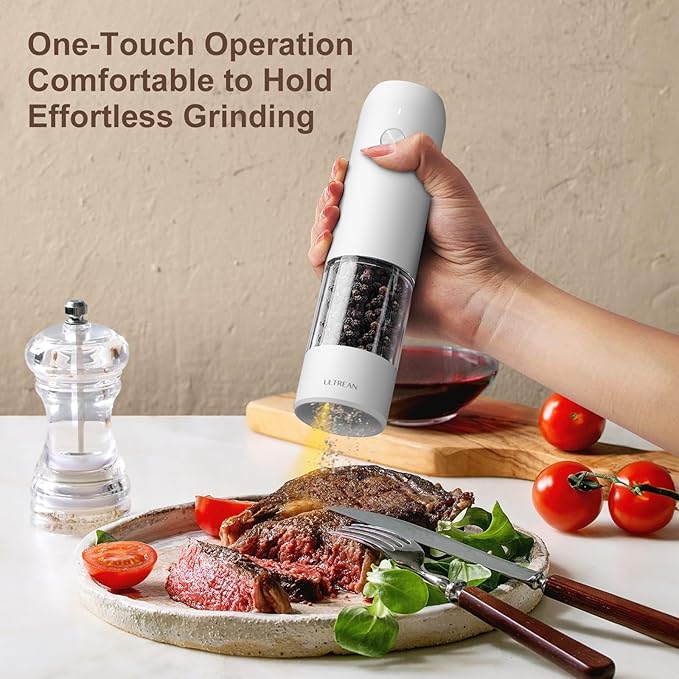 Ultrean Electric Pepper Grinder, Rechargeable Salt and Pepper Grinder with 6 Adjustable Coarseness, LED Light, Automatic Grinder for Kitchen, Kitchen Gadget & Housewarming Gifts, White