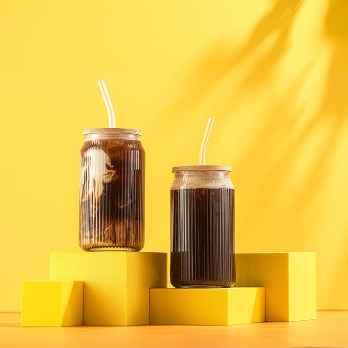 JoyJolt Fluted Glass Tumblers with Bamboo Lids and Glass Straws, Ribbed Can Shaped Drinking Glasses Set of 4, 16oz Cup with Lids and Straws, Iced Coffee Cups, Cocktail/Beer Glasses, Tea Cups