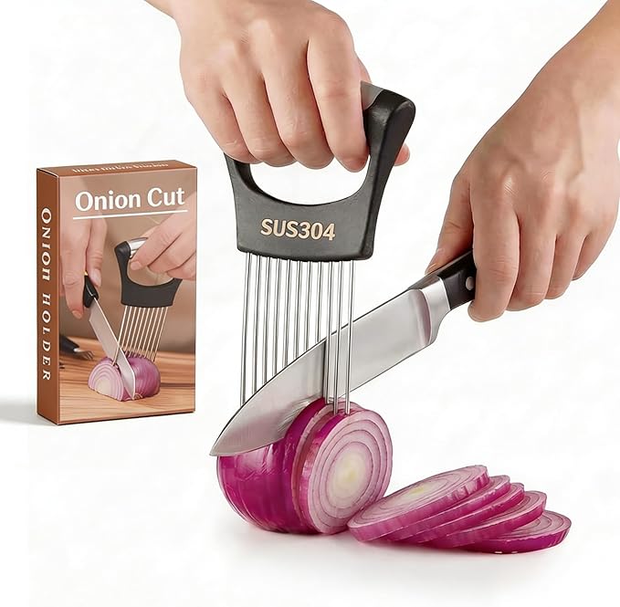 Stainless Steel Onion Holder & Slicer - Multi-Fruit Vegetable Fixing Tool with Sharp Prongs for Tomato, Lemon, Avocado - Safe Kitchen Gadget