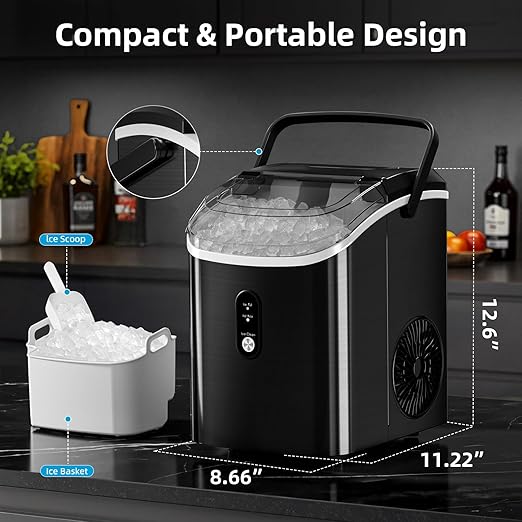 Antarctic Star Nugget Ice Maker Countertop, 35lbs/24H Ice Machine, Soft Chewable Sonic Ice, Self-Cleaning, Fast Ice Ready in 8 Minutes, Compact Design with Handle, Stainless Steel Black