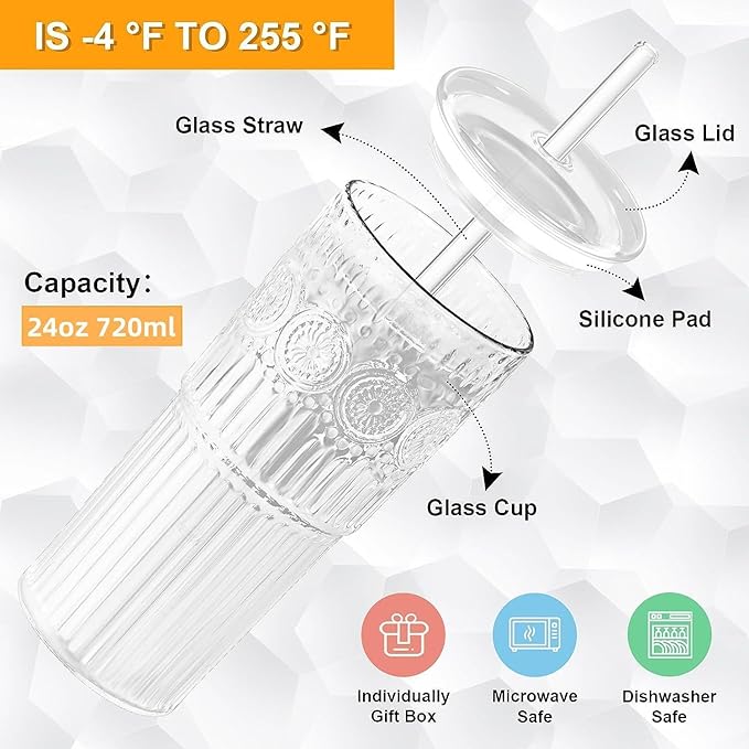 Bandesun All Glass Iced Coffee Cup With Lids and Straws，24 OZ High Borosilicate Glass Tumbler for Water Smoothie Juice Drinks