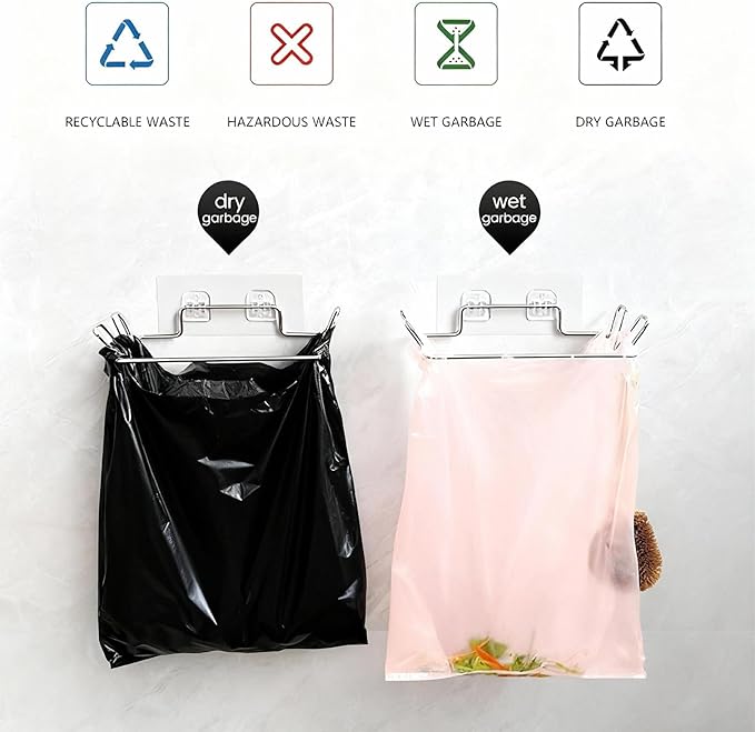 Stainless Steel Trash Bag Holder, Hanging Trash Can Rack for Cabinets/Door/Cupboards/Wall, Plastic Bag Holder with 3Pcs Adhesive Wall Sticker, Kitchen Under Sink Dishcloth Rack