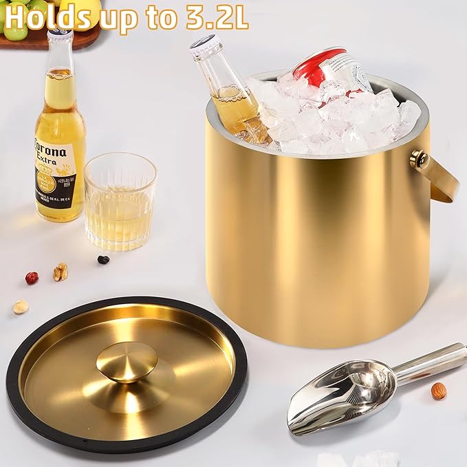 Gold Ice Bucket 3.2L – Double Wall Insulated Stainless Steel Ice Bucket with Lid, Scoop & Tongs – Large Champagne Bucket for Parties, Bar Cart, Outdoor Events, Cocktail & Wine Chilling