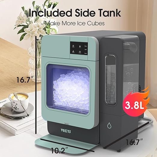 VECYS Nugget Countertop Ice Maker W/Side Tank, 44LBS Daily Ice Making Capacity, Portable Design Nugget Ice Maker Machine with Self-Clean Function, Green
