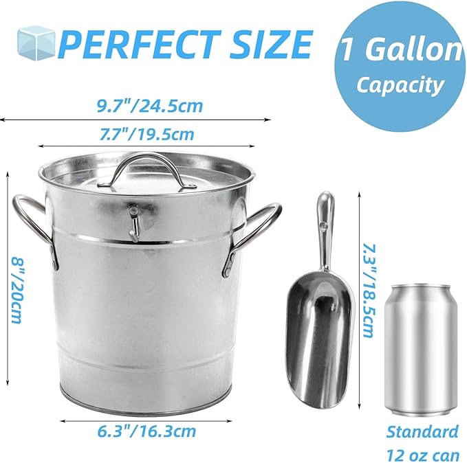 YOUEON 4 Liter Ice Bucket with Scoop and Lid, Double Walled Insulated Ice Bucket for Parties, Cocktail Bar, Wine Chiller, Beverage Tub with Carry Handles, Indoor & Outdoor Use, Silver