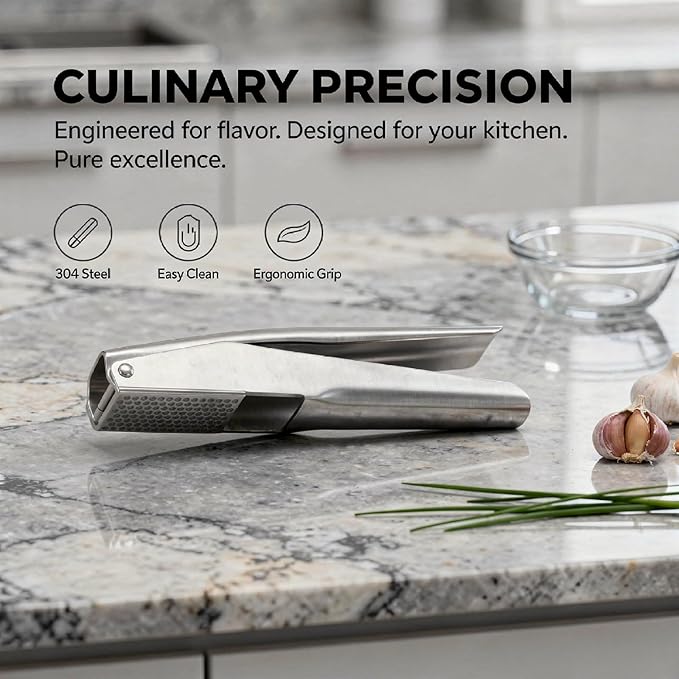304 Stainless Steel Garlic Press, Labor-Saving Lever with Dense Holes, Easy to Clean Garlic Crusher, Ergonomic Handle for Home Kitchen