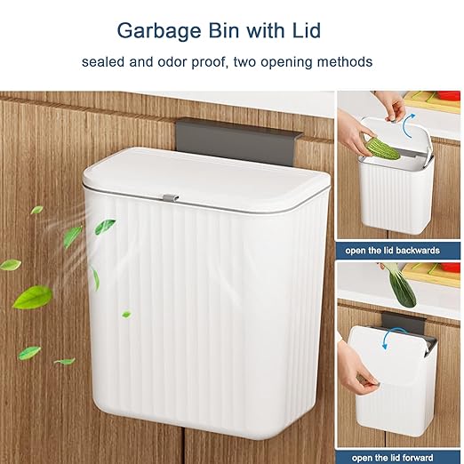 2.4 Gallon Kitchen Compost Bin for Counter Top or Under Sink, Hanging Small Kitchen Trash Can with Lid, Wall Mounted Waste Basket Bin Garbage Can for Bathroom (White)