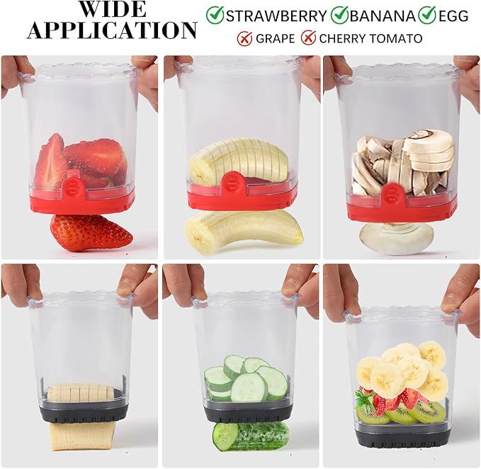 2 Pcs Fruit Slicer Cup, Strawberry Cutter Slicer Cup, Banana Egg Slicers Detachable Fruit with Push Plate, Strawberry Cutter Kitchen Gadget (Black & Red)