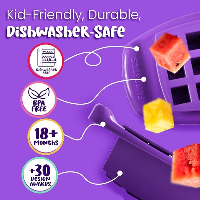 FUNBITES Crustless Sandwich Cutter for Kids Lunch (2-piece set), Uncrustable Sandwich Cutter, Bite-Size Food Cutter for Toddlers, Bento Box Accessories, BPA-FREE Dishwasher Safe, Purple Squares 1pk