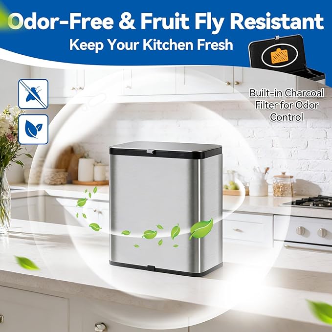 Kitchen Compost Bin with Lid, 2.1 Gallon Stainless Steel Trash Can for Countertop or Under Sink, Hanging Small Kitchen Trash Bin with Removable Inner Bucket, Charcoal Filter for Odor Control