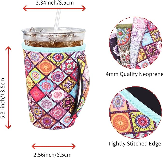 4Pack Reusable Iced Coffee Sleeve Insulator Sleeves for Cold Drinks Beverages, Neoprene Cup Holder for Most Coffee, Fits 22-24oz Medium Cups (Mandala)