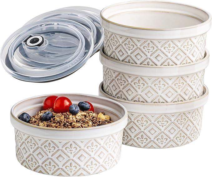 28 Oz Cereal Bowls Set with Lids, Ceramic Salad Bowls for Kitchen, Preparing, Camping, Office Lunch, 6 Inch Kitchen Food Storage Containers with Airtight Lids set of 4, Housewarming Present, Beige