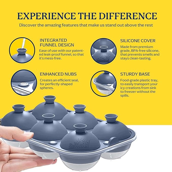 Samuelworld Large Ice Ball Maker with Lid, 6 x 2.5 Inch Ice Balls - BPA Free, Easy To Fill Round Silicone Ice Tray, Perfect Spheres Craft Ice Maker for Whiskey, Cocktails (Purple-Blue)