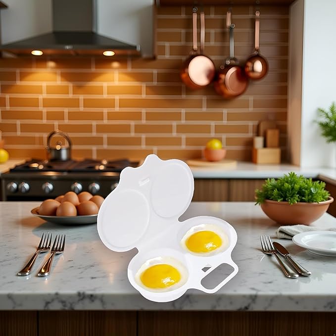 White Egg Poacher, Microwave Egg Boiler Poacher, 2 Cavity Nonstick Poached Egg Maker With Lid, Microwave Egg Cooker, Double Drain Poached Egg Cups Cookware, Egg Poachers（13 * 5cm）