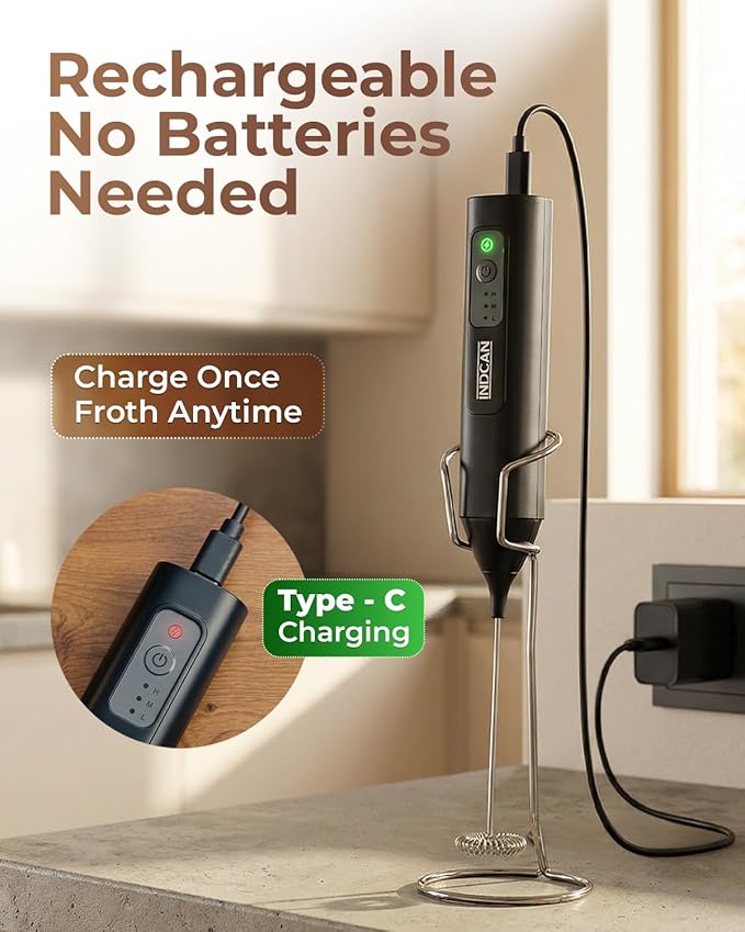 INDCAN Rechargeable Milk Frother Handheld, Electric Coffee Frother Wand with Stainless Steel Stand, 3-Speed Foam Maker with 2 Whisks, USB-C Drink Mixer for Latte, Cappuccino, Matcha (Elite, Black)