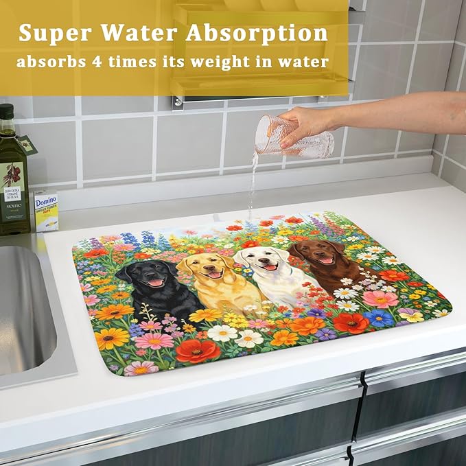 Spring Absorbent Drying Mat Colorful Flowers Dog Dish Drying Mat for Kitchen Counter 18 X 24 In