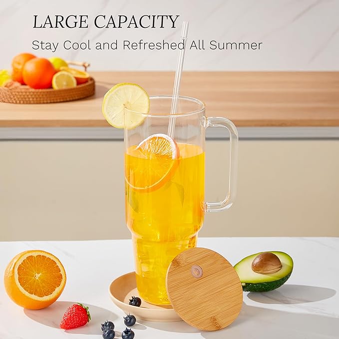 40 oz Glass Cups with Lids and Straws 2 Pack Large Glass Tumbler with Handle Borosilicate Ice Coffee Cups, with Bamboo Lid & Plastic Lid, for Boba, Smoothies, Beer, Juice