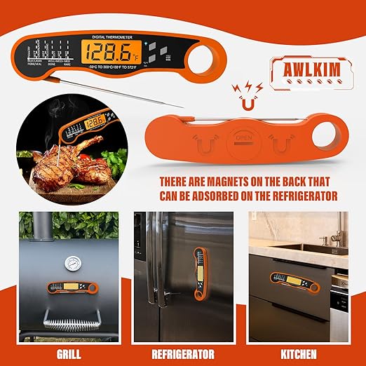 Fast Instant Read Meat Thermometer with Backlight - Waterproof Digital Food Probe for Grilling, Cooking, Baking & Candy Making - Kitchen & BBQ Essential(Orange)