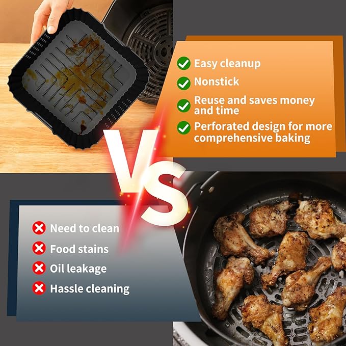 HOMELYLIFE Air Fryer Silicone Liners for Ninja AF141 AF142 5QT & AF181 6.5 QT AirFryer, Air Fryer Accessories for Cosori 5QT/6QT, 2 Pcs Reusable Square Liners for Instant 6Qt &Other 5-8QT AirFryer